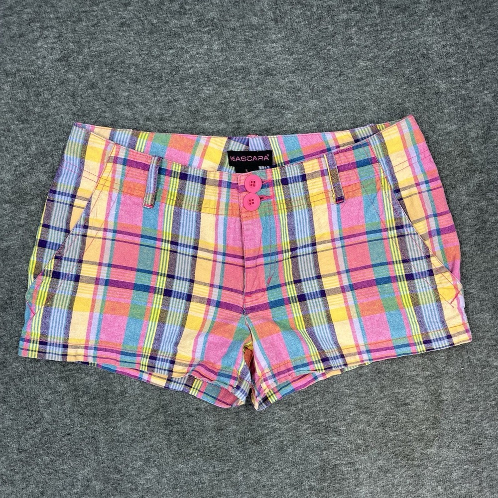 Y2K Mascara Shorts Women's Juniors 5 Pink Yellow Plaid Low Rise 2.5" Inseam